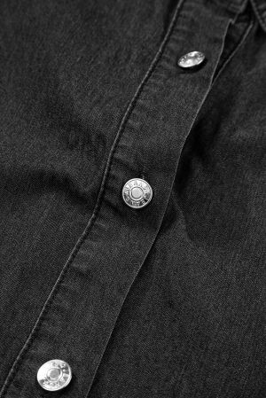 Women's Black Short Sleeve Button-Up Denim Shirt Dress