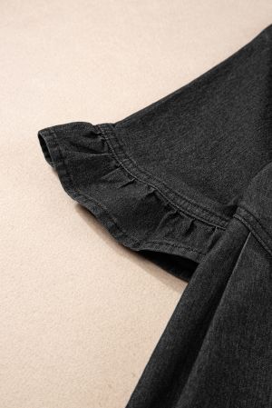 Women's Black Short Sleeve Button-Up Denim Shirt Dress