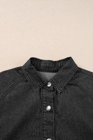 Women's Black Short Sleeve Button-Up Denim Shirt Dress