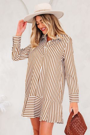 Дамска рокля тип риза на райе в кафяво и бяло