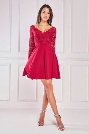 Women's Red Lace Long Sleeve Mini Dress