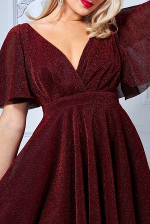 Women's Red Glitter Short Dress with Flared Skirt and Flutter Sleeves
