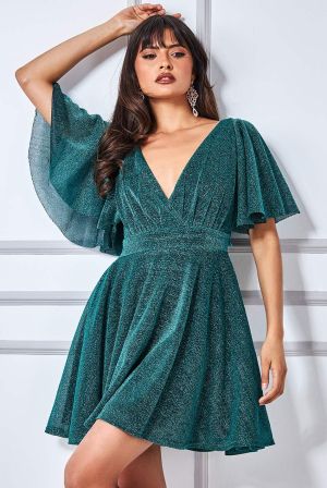 Women's Emerald Green Glitter Short Dress with Flared Skirt and Flutter Sleeves