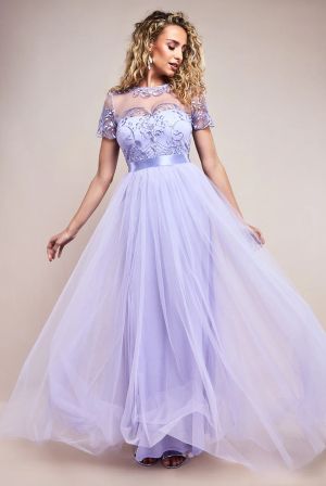 Women's Long Lavender Tulle Dress with Embroidered Bodice and Satin Waistband