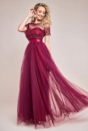 Women's Long Burgundy Tulle Dress with Embroidered Bodice and Satin Waistband