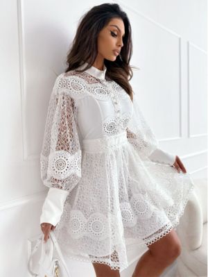 White Lace Dress with Puff Sleeves and Collar