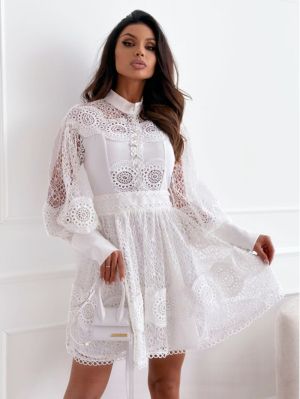 White Lace Dress with Puff Sleeves and Collar