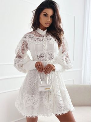 White Lace Dress with Puff Sleeves and Collar