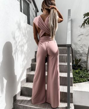 Long Powder Pink Backless Women’s Jumpsuit