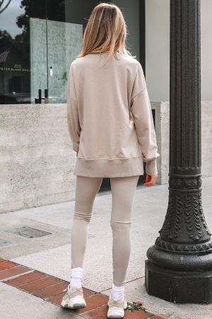 Women's Beige Two Piece Set - Oversized Top and Ribbed Leggings