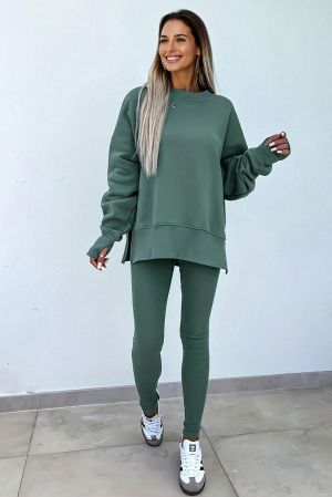 Women's Green Two Piece Set - Oversized Top and Ribbed Leggings