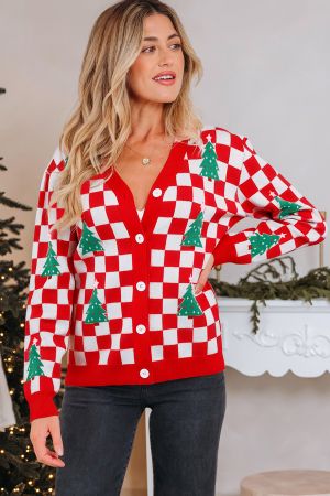 Women’s Christmas Cardigan in Red and White with Tree Pattern