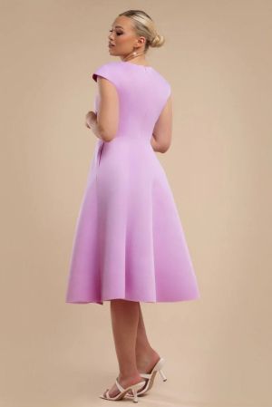 Women's Lilac Elegant Midi Dress with Cap Sleeves and A-Line Silhouette GODDIVA