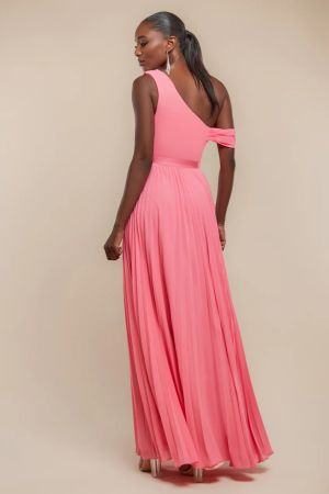 Women's Coral One-Shoulder Maxi Dress GODDIVA with Flowing Chiffon
