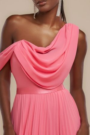 Women's Coral One-Shoulder Maxi Dress GODDIVA with Flowing Chiffon