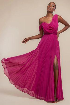 Women's Magenta One-Shoulder Maxi Dress GODDIVA with Flowing Chiffon