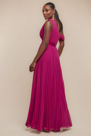 Women's Magenta One-Shoulder Maxi Dress GODDIVA with Flowing Chiffon