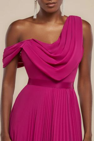 Women's Magenta One-Shoulder Maxi Dress GODDIVA with Flowing Chiffon