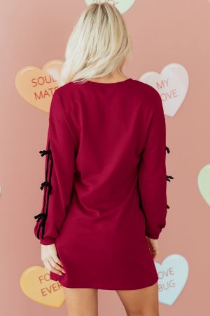 Women’s Burgundy Sweatshirt Dress with Pockets and Velvet Ribbon Sleeve Details