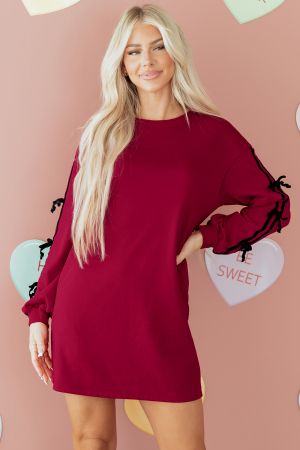 Women’s Burgundy Sweatshirt Dress with Pockets and Velvet Ribbon Sleeve Details