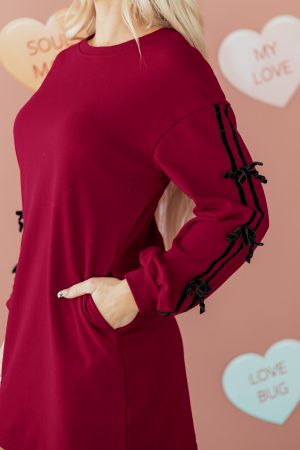 Women’s Burgundy Sweatshirt Dress with Pockets and Velvet Ribbon Sleeve Details