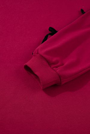 Women’s Burgundy Sweatshirt Dress with Pockets and Velvet Ribbon Sleeve Details