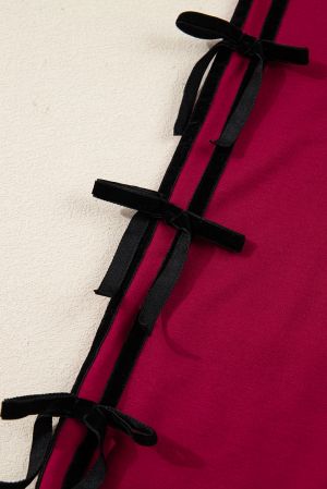 Women’s Burgundy Sweatshirt Dress with Pockets and Velvet Ribbon Sleeve Details