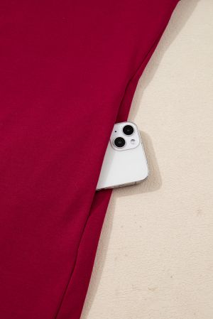 Women’s Burgundy Sweatshirt Dress with Pockets and Velvet Ribbon Sleeve Details