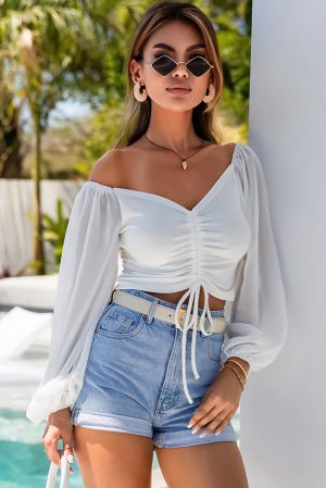 Women's White Cropped Top with Front Drawstring and Long Sleeves
