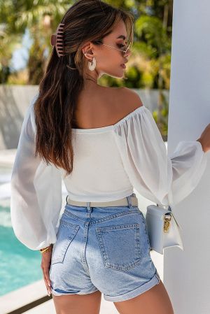 Women's White Cropped Top with Front Drawstring and Long Sleeves