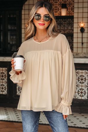 Women’s Beige Flowy Blouse with Loose Fit and Long Sleeves