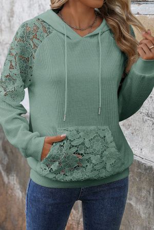 Women's Green Hoodie with Floral Lace Details