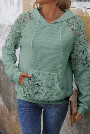 Women's Green Hoodie with Floral Lace Details