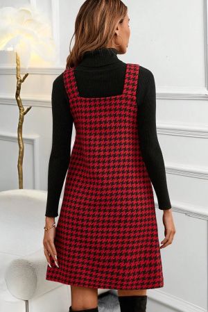 Women’s Red Houndstooth Print V Neck Sleeveless Mini Dress