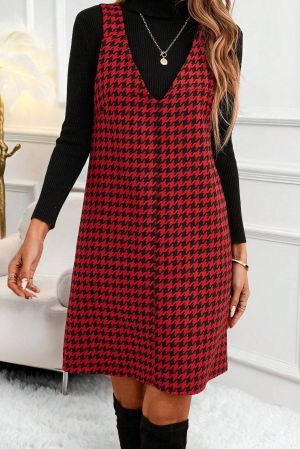 Women’s Red Houndstooth Print V Neck Sleeveless Mini Dress