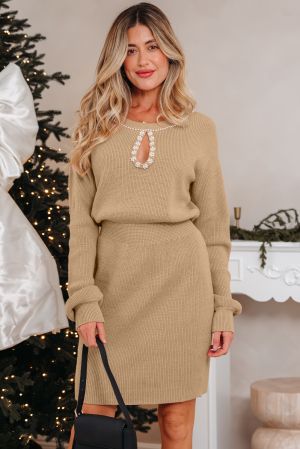 Women’s Beige Pearl Embellished Keyhole Ribbed Sweater Dress