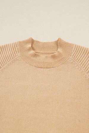 Women's Beige High Neck Puff Sleeve Sweater Pleated Mini Skirt 2pcs Knitted Outfit