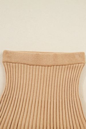 Women's Beige High Neck Puff Sleeve Sweater Pleated Mini Skirt 2pcs Knitted Outfit