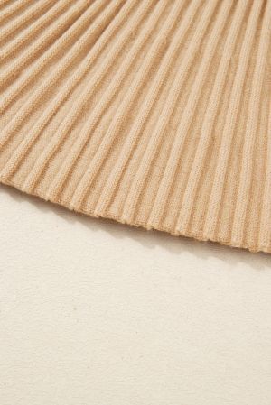 Women's Beige High Neck Puff Sleeve Sweater Pleated Mini Skirt 2pcs Knitted Outfit