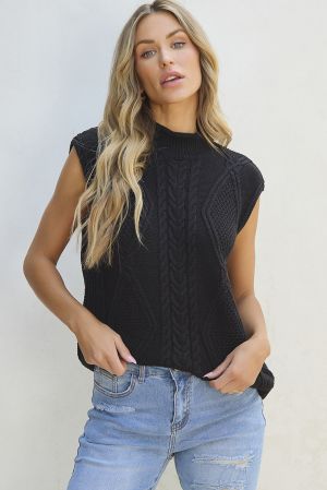 Дамски пуловер в черно, с едра плетка и без ръкави