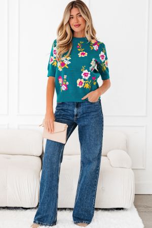 Дамски пуловер в тюркоазено с къс ръкав и цветен принт