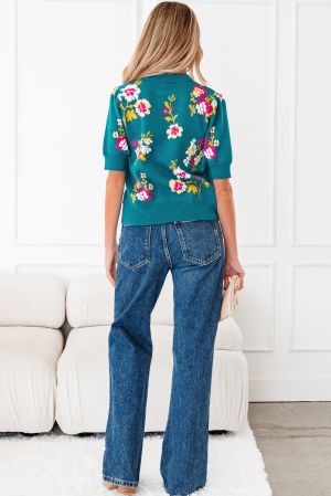 Дамски пуловер в тюркоазено с къс ръкав и цветен принт