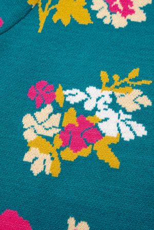 Дамски пуловер в тюркоазено с къс ръкав и цветен принт