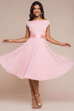 Women's Blush Pleated Off Shoulder Midi Dress GODDIVA