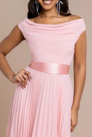 Women's Blush Pleated Off Shoulder Midi Dress GODDIVA