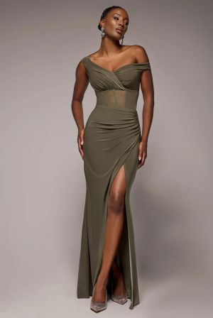 Women's Off The Shoulder Corset Waist Mesh Wrap Skirt Soft Touch Maxi Dress by GODDIVA