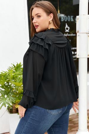 Women’s Black Ruffle Balloon Sleeve Chiffon Elegant Plus Size Shirt