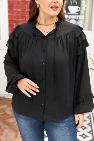 Women’s Black Ruffle Balloon Sleeve Chiffon Elegant Plus Size Shirt