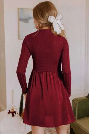 Women’s Wine Red Long Sleeve Ribbed Knit Mini Dress with Frilled Neck