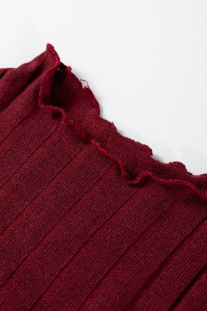 Women’s Wine Red Long Sleeve Ribbed Knit Mini Dress with Frilled Neck